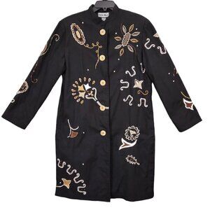 Indigo Moon | Black Embroidered Artsy Boho Duster Coat Jacket | Size M